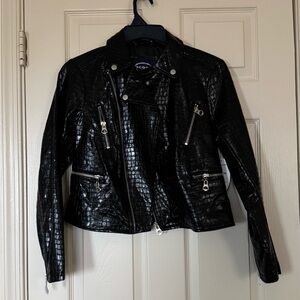 Scoop Black Croc-Embossed Faux Leather Moto Jacket